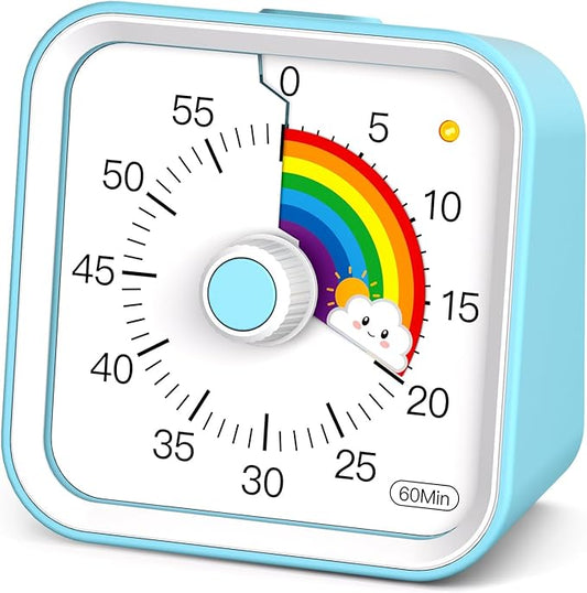 Visual Timer with Pause Function, 60 Minute Countdown, Pomodoro Timer for Kids, Productivity Timer, Time Management for Kitchen Cooking, Study, Teaching, Office Meetings (Rainbow Blue)