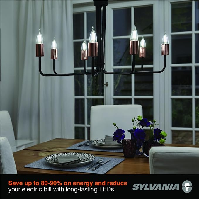 Sylvania B10 Clear LED White Filament Bulb, 6W, Dimmable, 650 LMS, Candelabra Base, 5000K, Daylight - 2 Pack (42259)