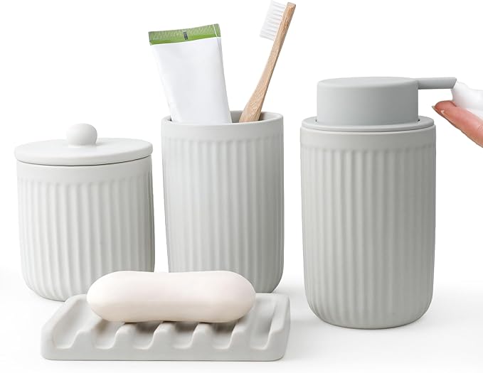 BosilunLife Light Grey Bathroom Accessories Set - Ceramic Bathroom Counter Soap Set Bathroom Decor Sets Accessories Bathroom Foam Soap Dispenser and Toothbrush Holder Set, Soap Dish, Apothecary Jars