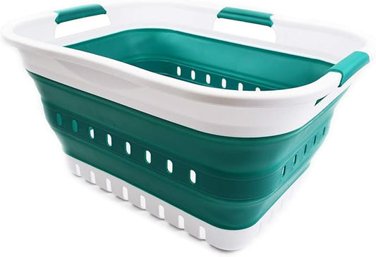 SAMMART 30L (8 Gallon) Collapsible 3 Handled Plastic Laundry Basket - Foldable Pop Up Storage Container/Organizer - Space Saving Hamper/Basket (White/Dark Green)