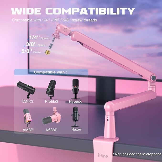 FIFINE Low Profile Boom Arm Mic Stand, Microphone Stand with Cable Management Channel, Desk Clamp, Screw Adapter for Streaming Podcast Recording, Adjustable Metal Mic Boom Arm Pink-BM88P