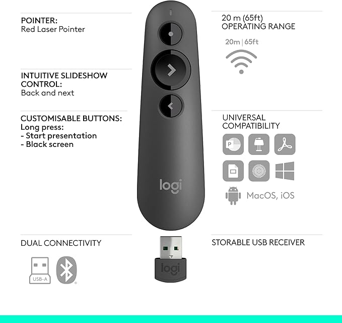 Logitech Wireless Presenter R500s, PowerPoint Clicker with Laser Pointer, Wireless Presentation Clicker Remote