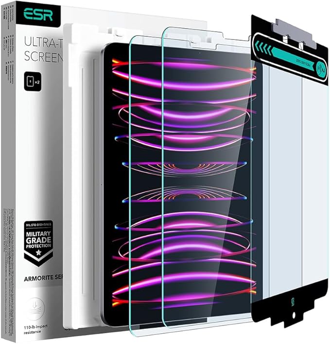 ESR 2 Pack Screen Protector for iPad Pro 12.9 (2022/2021/2020/2018), Tempered-Glass Film with Easy Application Tray, Anti-Scratch, Military-Grade Protection, HD Clarity, Armorite Series