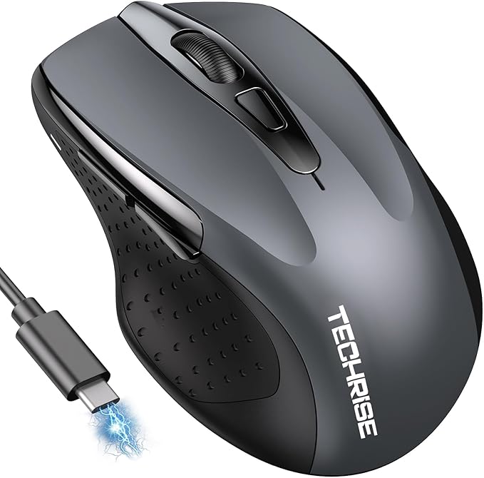 TechRise Bluetooth Mouse (BT5.0/3.0 & 2.4G) Rechargeable Wireless Mouse, 4800 DPI Optical Tracking, 6 Adjustable DPI, 2.4GHz with USB A Receiver, Quiet Clicks, Ergonomic Grips, 6 Buttons - Grey