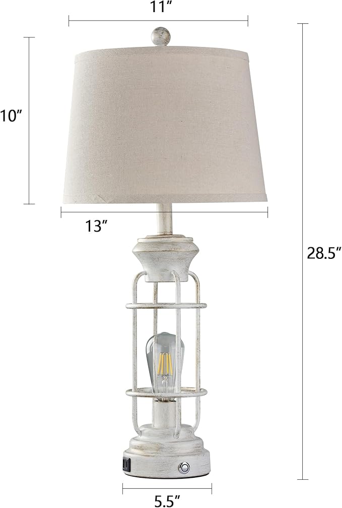 Farmhouse Lamps Set of 2, 28.5" Touch Lamps for Nightstand with USB C+A Ports, LED Bulbs Included