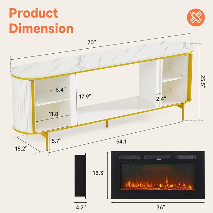 Luxury 70" Fluted Fireplace TV Stand, Modern Chic Entertainment Center for TVs Up to 80", TV Console for Living Room, White Media Cabinet with Storage,70 Inch