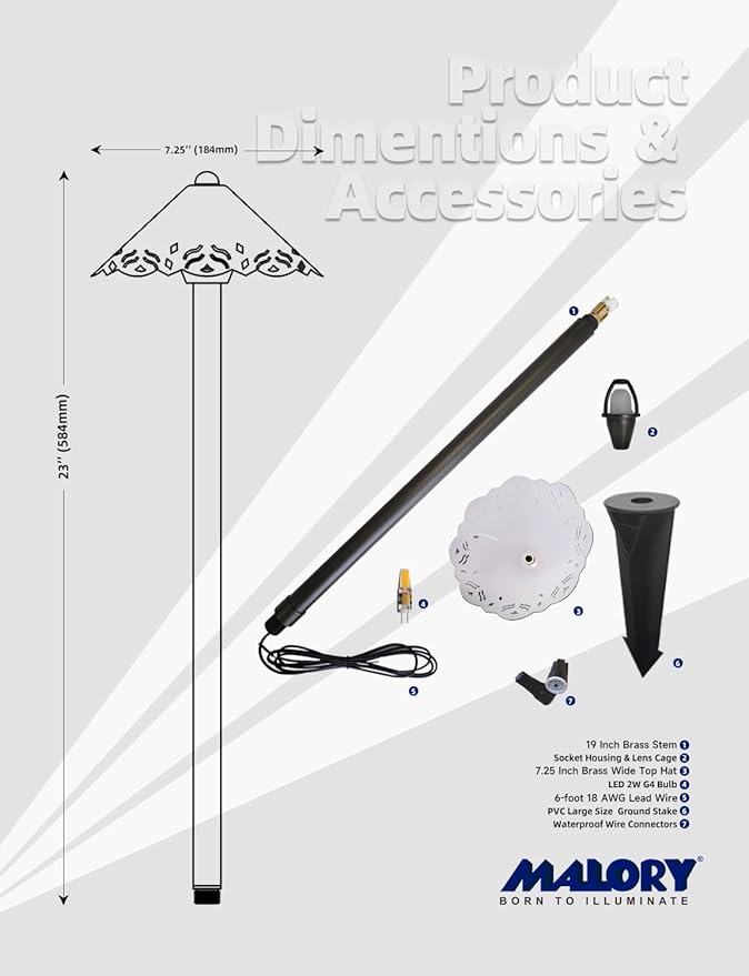 MALORY Low Voltage Pathway Lights 1-Pack with G4 Bulb, (23''H) Brass LED Landscape Path Light, 9-17V AC/DC Outdoor Driveway Lights with 2W 2700K Integrated LED Chips for Yard Lawn(P04)