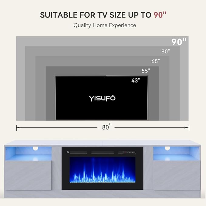 80” TV Stand with 36” Electric Fireplace, Large Modern Media Entertainment Center with Storage Cabinet and 12 Colors LED Lights for TVs Up to 90",Grey and Black