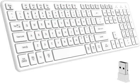 Slim Quiet Wireless Keyboard for Mac and Windows,Durable Flat Keyboard with Full Size Ultra Quiet Low-Profile Flat Keys, 2.4GHz Wireless for Mac,Windows 11/10/8/7/Vista,Microsoft & PC（White