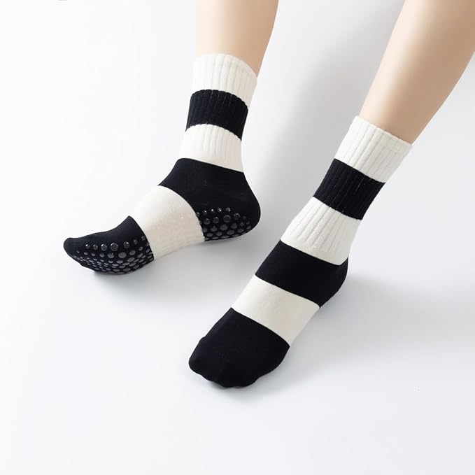 Yoga Pilates Socks with Grips for Women Non Slip Striped Cushioned Crew Socks for Barre Ballet Dance