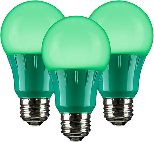 Sunlite 40451 LED A19 Colored Light Bulb, 3 Watts (25w Equivalent), E26 Medium Base, Non-Dimmable, UL Listed, Party Decoration, Holiday Lighting, 3 Count, Green