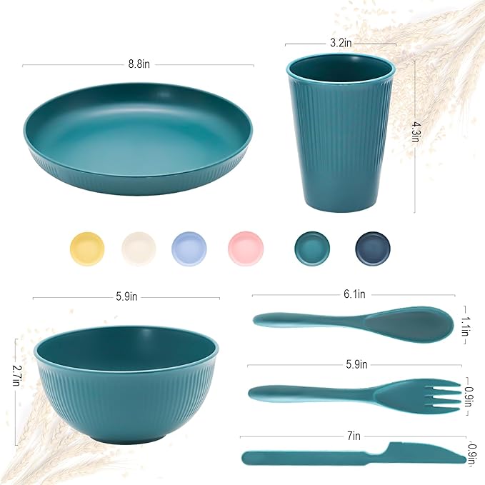 36pcs Wheat Straw Dinnerware Sets, Unbreakable Reusable Kitchen Cups Plates and Bowls Sets, Dishwasher and Microwave Safe Kitchenware Dishes Set for Home, Office, Travel,Picnic (Colorful 1)