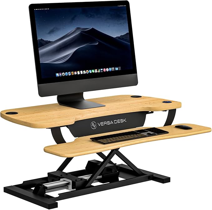 VERSADESK® PowerPro™ 36” x 24” Standing Desk Converter | 36 Inch Electric Height Adjustable Sit to Stand Desk Riser w/Keyboard Tray & USB Hub - Ergonomic Workstation for Home & Office, Maple