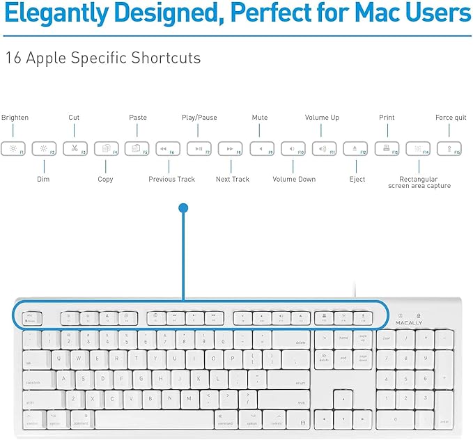 Macally Full-Size USB Wired Keyboard for Mac Mini/Pro, iMac Desktop Computer, MacBook Pro/Air Desktop w/ 16 Compatible Apple Keyboard with Numeric Keypad, Rubber Domed Keycaps - Spill Proof