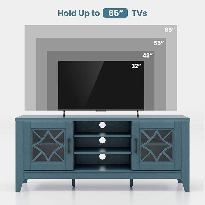 Tangkula Farmhouse TV Stand for TVs Up to 65-in, Classic Media Entertainment Center w/Glass Door Cabinets & 4 Adjustable Shelves, Modern TV Console Table w/ 3 Cable Holes for Living Room (Teal Blue)