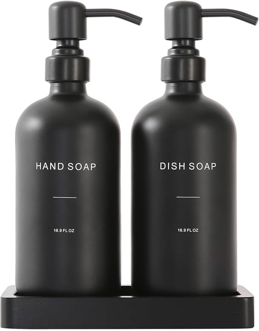 Matte Black Soap Dispenser Set, Kitchen Soap Dispenser Set with Black Stainless Steel Pump, Perfect for Kitchen Decor and Accessories. (Black)