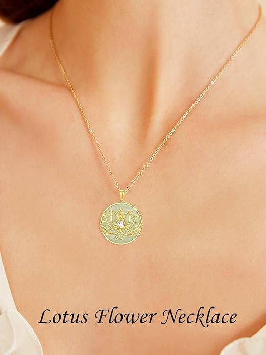 Jade Lotus Necklace for Women 14k Gold Plated Sterling Silver Good Fortune Jade Jewelry Birthday Christmas Gifts for Women Mom Wife
