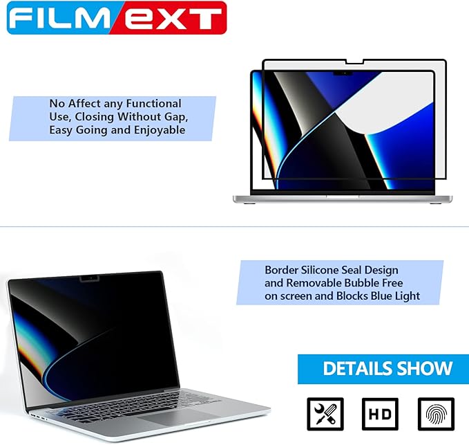 FILMEXT Privacy Screen for Macbook Pro 14 inch (2025-2021,M5 M4 M3 M2 M1), Removable Macbook pro 14.2" A3112 A3401 A2992 A2918 A2779 A2442 Privacy Laptop Screen Filter Anti-Spy/Anti-Glare/Eye Care