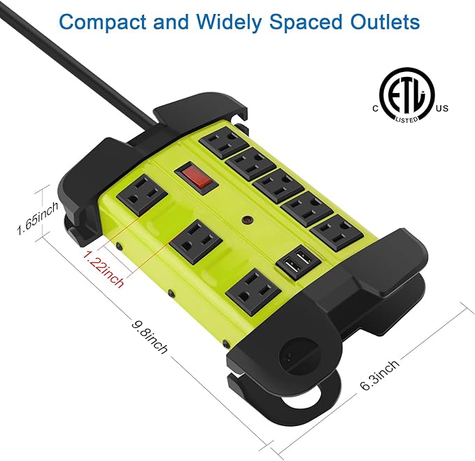 Heavy Duty Power Strip with USB, Workshop 8 Outlet Surge Protector 2700 Joules, Green Industrial Metal 15Amp Power Strip, 6 FT Extension Cord and Wide Spaced.
