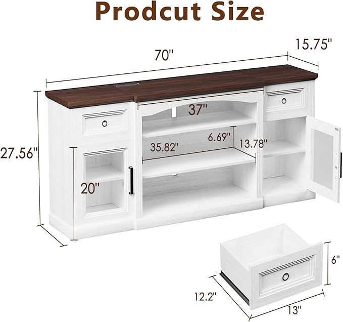 Farmhouse TV Stand, 70" Modern TV Stand with LED Lights & Outlet, 2 Drawers, Transparent Doors, Entertainment Center with Adjustable Shelves for Fireplace(36" Wx15 H), Antique White