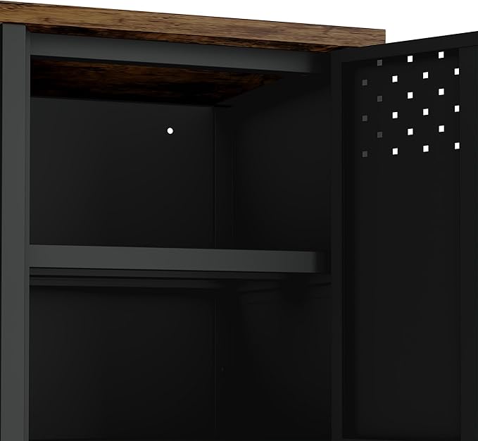 Manhattan Comfort Landen 47" Modern Metal TV Stand with Storage Cabinets & Open Shelves, Holds Up to 40" Screen, TV Console with Natural Wood Top, Cable Management, Adjustable Legs, Black