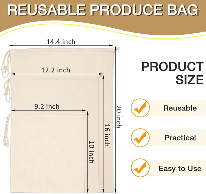 6PC Canvas Drawstring Bags, 3 Size (M, L, XL) Cotton Bag Easy to Use, Reusable Produce Bags for Vegetables, Fruits and Bread