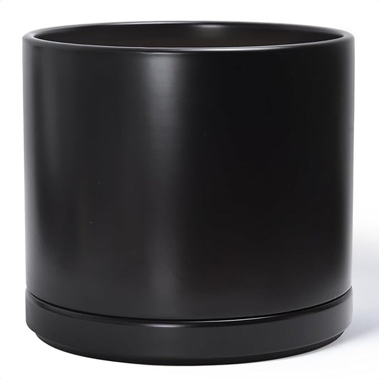 D'vine Dev 14 Inch Ceramic Planter Pot with Drainage Hole and Saucer, Indoor Cylinder Round Planter Pot, Black, 94-O-G-2