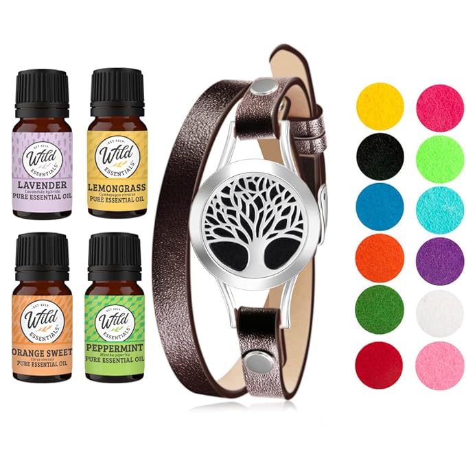 Wild Essentials Tree of Life Essential Oil Leather Wrap Bracelet Diffuser Kit, Gift Set, Lavender, Lemongrass, Peppermint, Orange Oils, 12 Pads, Customizable Color Changing Perfume Jewelry, Brown