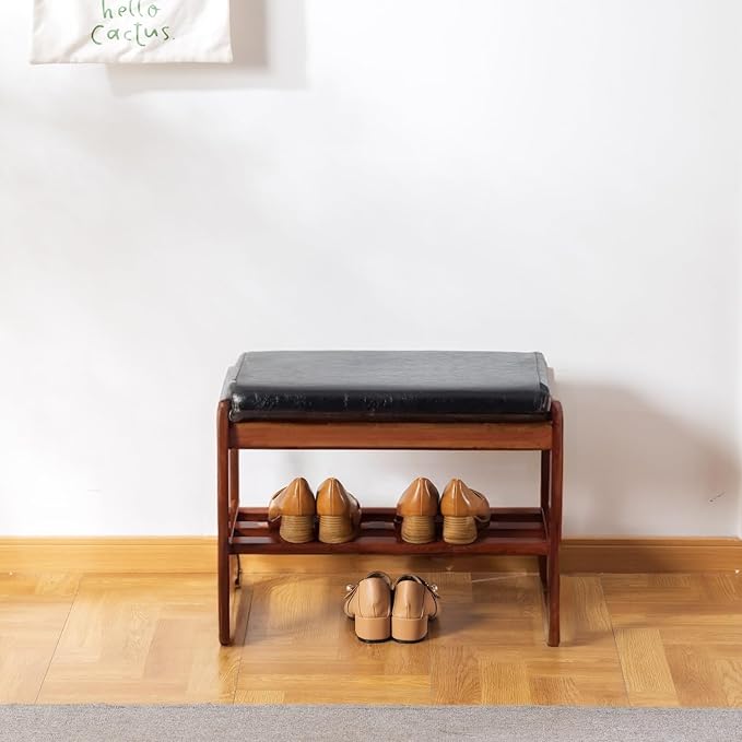 latifolia Solid Wood Bench, Entryway Shoe Bench with Cushion, 2 Tier Shoe Storage Organizer for Hallway, Living Room(Black,21.65''L)