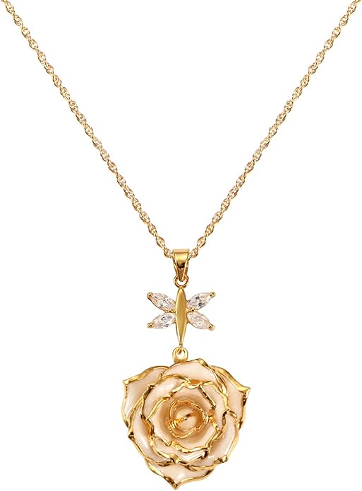 AliveRose Real Rose Gold Dipped Necklace Gifts for Women, 24K Gold Dipped Rose Pendant Necklace Jewelry Mothers Day Anniversaries Birthday Christmas Special Occasions Gifts for Her Mom Wife