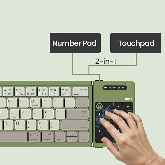 Nillkin Pocket Foldable Wireless Keyboard with Touchpad Numerical Pad for Travel Meeting for iPad Tablets Phone Laptop PC, Full Size (Small) Magnetic Folding Keyboard (Green)