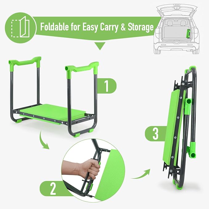 Garden Kneeler and Seat Heavy Duty with 10.2” Wider Soft Pad, Portable Folding Stool for Gardening with Extra Hand Pruner, Sturdy Garden Kneeling Bench for Senior Help Stand, Green