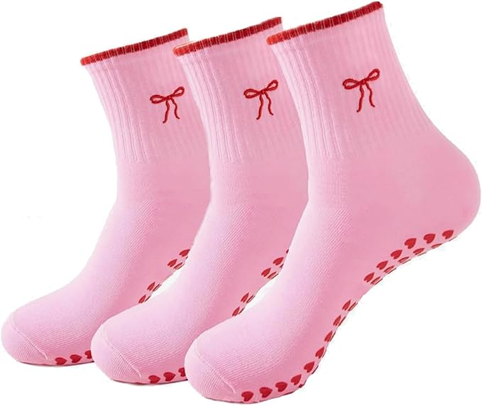 3 Pairs Cute Pilates Socks with Grips for Women Non Slip Yoga Socks Grippy Crew Socks Embroidery Pattern for Workout Ballet