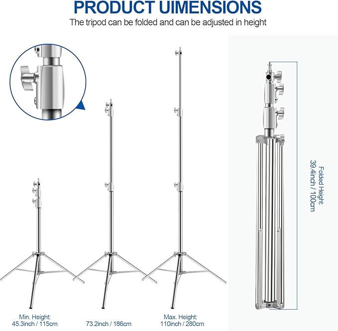 Wellmaking Stainless Steel Photography Light Stand 9.2ft/280cm.Spring Cushioned Heavy Duty Tripod Stand with 1/4”to3/8” Screw Adapter and Tilt Swivel Mount for Strobe, Video Light,ring light,Monolight