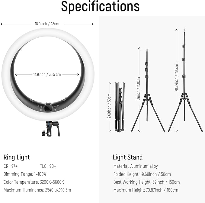 NEEWER 19 inch Ring Light with Stand, 3 Phone Holders and Mini Ball Head, Upgraded 2.4G & Touch Control, Smooth Dimming at 1%, 3200K-5600K for Selfie TikTok Live Streaming Video Recording Zoom, RP19H