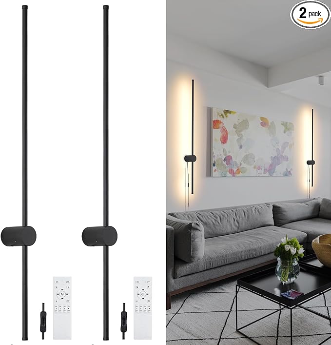 Dimmable Plug in Wall Sconce Set of 2,Black 39.37" LED Wall Light with Remote,Adjustable Color Temperature Brightness,Wall lamp with Timer for Living Room,Bedroom and Accent Lighting