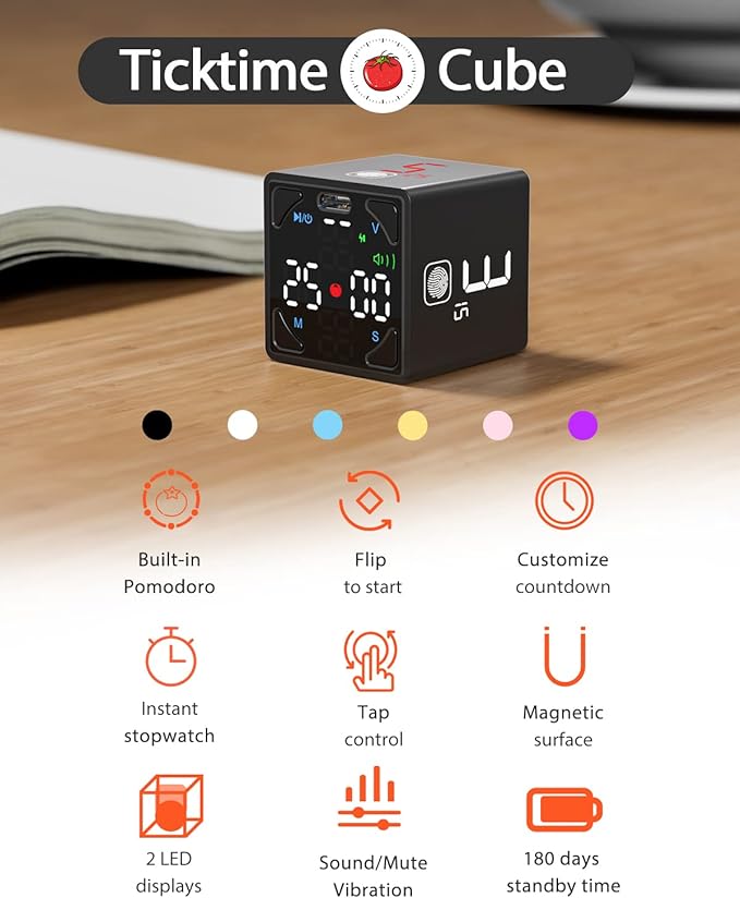 Pomodoro Timer Cube, Productivity Timer, Pause & Resume, Silent, Vibrate & Adjustable Sound Alert, for ADHD, Task, Work, Study, 1/3/5/10/15/25/45/60min & Custom Countdown, Black