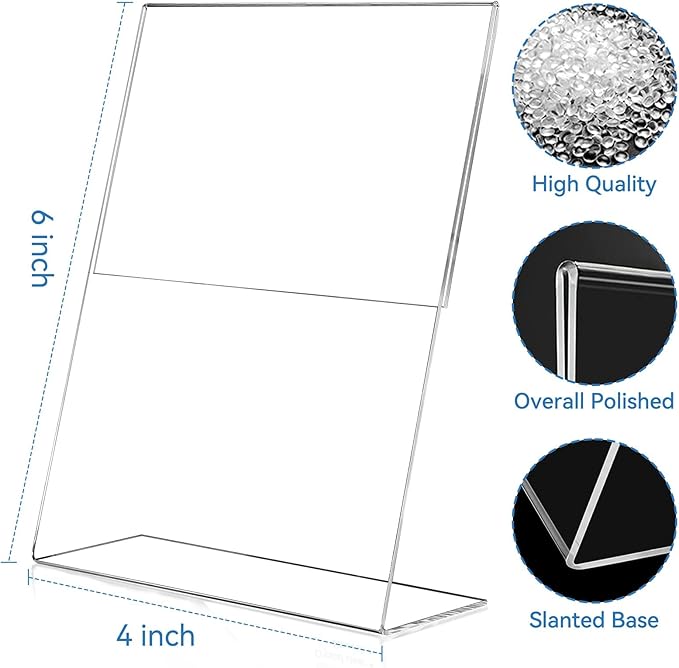 EHWINE 24 Pack 4 x 6 Acrylic Sign Holder, Clear Plastic Signs Display Stand, Vertical Slanted Back Paper Holder Stand up Table Top Sign Holders Flyer Stand Frames Suitable for Office Business Store