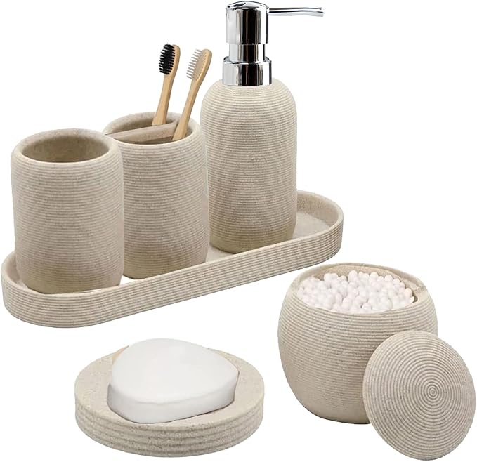 Bathroom Accessory Set, 6PCS Beige Bathroom Accessories - Soap Dish, Lotion Dispenser, Toothbrush Holder, Mouthwash Cup, Tray, Cotton Ball Jar, Aesthetic Decor Bathroom Sets