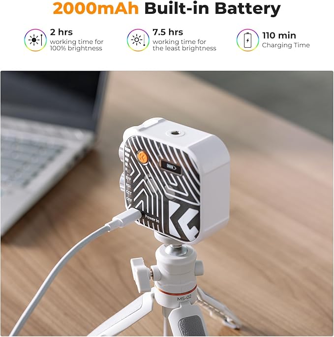 K&F CONCEPT RGB Video Light, 360° Full Color Portable Photography Light, LED Camera Light w 21 Light Effects, 2500K-9900K CRI 96+, 2000mAh Rechargeable Photography Lighting for Vlogging, Selfie, White