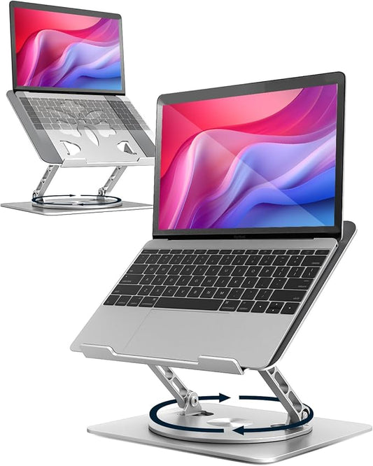 Adjustable Laptop Stand for Desk - Portable Laptop Riser with Rotating Base, Foldable Aluminum Computer Stand, Ergonomic Laptop Holder for MacBook Pro/Air Dell HP Lenovo Notebook up to 16" (Silver)