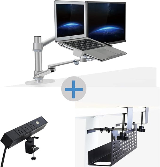 AEONS Premium Monitor Laptop Mount & Under Desk Cable Management Tray Wire Cord Organizer & Desk Clamp Mount PDU, No Drill Computer Computer Cord Raceway and Modesty Panel, Silver & Black