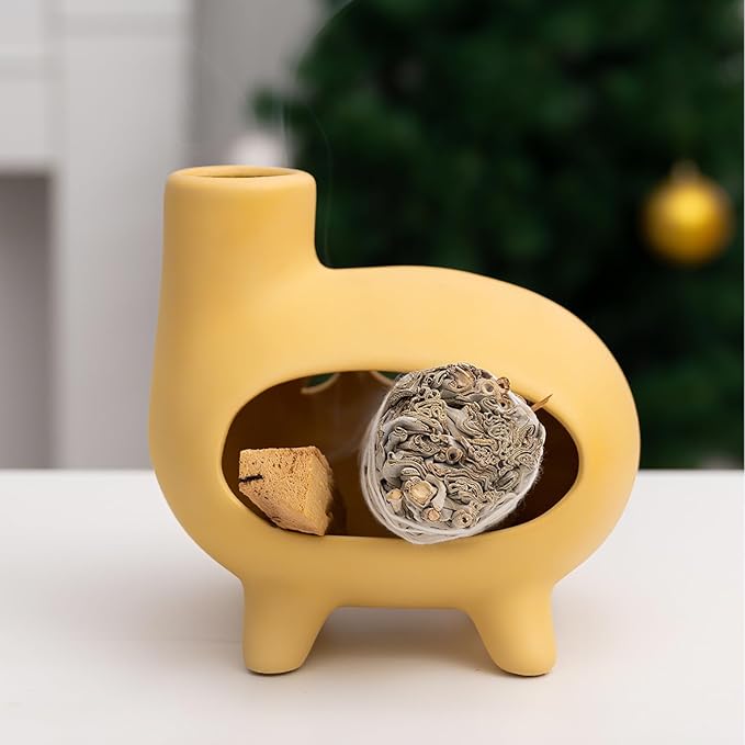 Elegant Handcrafted Ceramic Palo Santo Burner-Yellow Terracotta Footed Incense Holder for Meditation,Compatible with Wood Sticks,Sage,Ash&Cones-Mini Aromatic Home Altar with Chimney Design