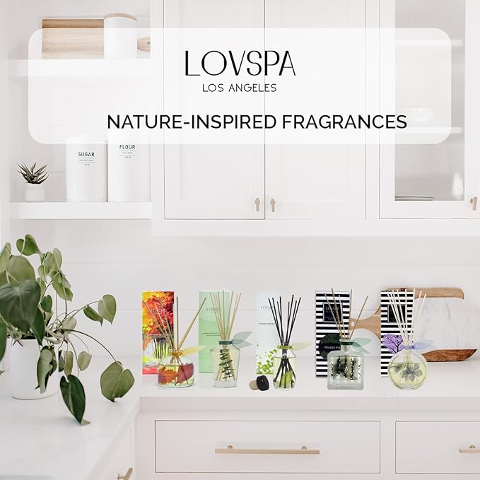 LOVSPA Reed Diffuser Set, Zen White Tea & Ginger Scented Oil Diffuser with Sticks, Home Fragrance Accessories for Bathroom Shelf Decor, Aroma Diffusers for Home or Office Desk, USA Made