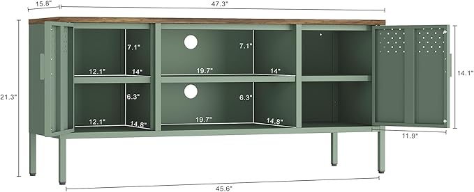 Manhattan Comfort Landen 47" Modern Metal TV Stand with Storage Cabinets & Open Shelves, Holds Up to 40" Screen, TV Console with Natural Wood Top, Cable Management, Adjustable Legs, Green