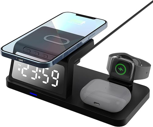 4-in-1 Wireless Charging Station with Clock Display, Compatible with iPhone/Apple Watch/AirPods,Black
