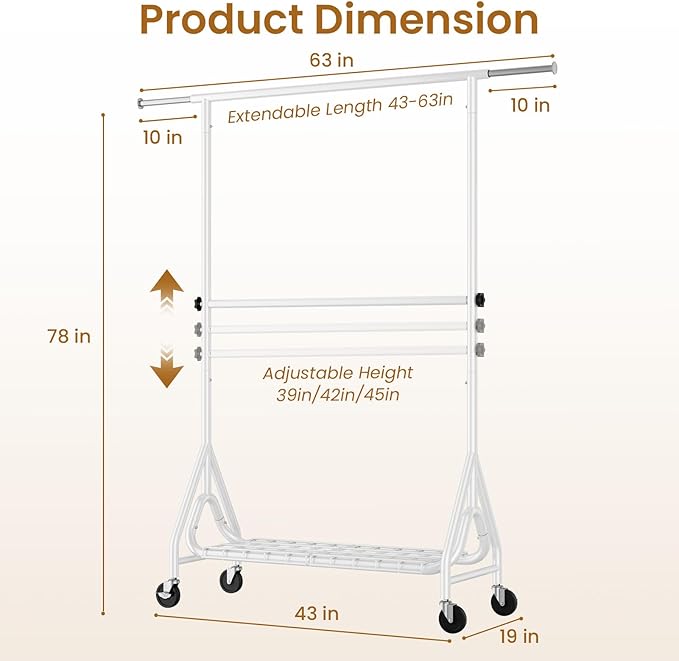 Heavy Duty Clothes Rack for Hanging Clothes, Double Rods Clothing Rack with Lockable Wheels, Rolling Metal Garment Racks Heavy Duty, Portable Wardrobe Closet Racks, White