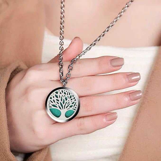 Aromatherapy Essential Oil Diffuser Necklace Stainless Steel lnspirational Locket Pendant(Tree of Life)
