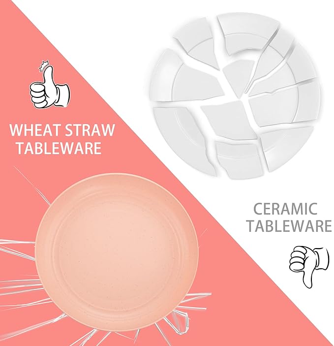 LIYH 48 Pcs Pink Wheat Straw Dinnerware Set, Plastic Plates and Bowls Dinnerware Set, Camping Dish Set for 12, Dishwasher Safe,Unbreakable Plates Reusable,Dish Sets Tableware