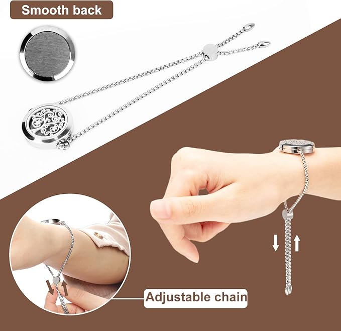 ttstar Essential Oil Diffuser Bracelet Stainless Steel Aromatherapy Locket Adjustable Diffuser Bracelet with 24pcs Refill Pads in 12 Colors Gift Set for Women Girls Mother's Day Christma(Tree of Hope)